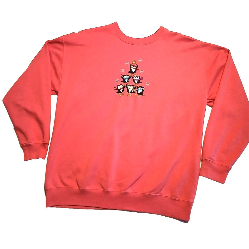 VTG 90s M&C Sportswear Pink Holiday Christmas Penguin Tree Crewneck Sweatshirt L